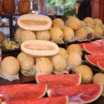 A vibrant market stall showcasing fresh watermelons, melons, and pineapples.
