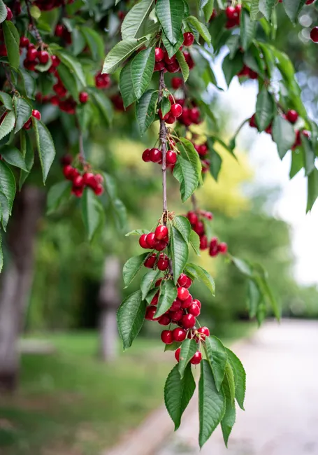 A vibrant closeup photo of a cherry tree branch laden with ripe red cherries, highlighting summer's natural beauty.