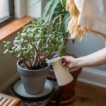 Plantes grasses : arroser au printemps et en été sans noyer les racines A woman gently waters her potted houseplants by a sunny window, embracing an indoor gardening routine.