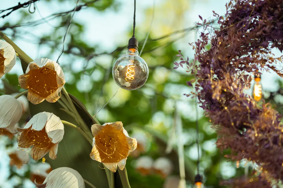 Charming outdoor scene with decorative flowers and Edison bulbs creating a warm, cozy atmosphere.
