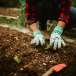 Close-up of a gardener planting seedlings in the soil, wearing gloves and a plaid shirt, in a garden.