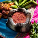 Colorful display of traditional Andean foods with quinoa, oca, and beans on vibrant textiles in Tuti, Peru.
