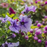 Coquelourde des jardins : semis 2026, fleurs carmin, sans bain de pieds Purple petunia flowers with green leaves growing on flowerbed near lush globe gomphrena bushes on blurred background in sunny park