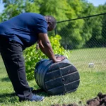 Compost maison : 1 m³, deux bacs et un tas qui respire A man working with a compost bin in a sunny park, promoting outdoor gardening activities.
