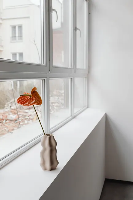 A minimalist indoor scene featuring an orange anthurium in a textured vase on a window sill.