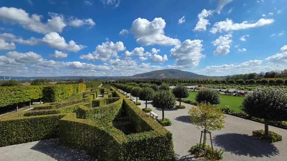 Beautiful aerial view of the hedge maze and manicured gardens at Schloßhof, Niederösterreich.