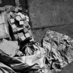 Black and white photo of a worn-out tarp and building materials at an abandoned site.