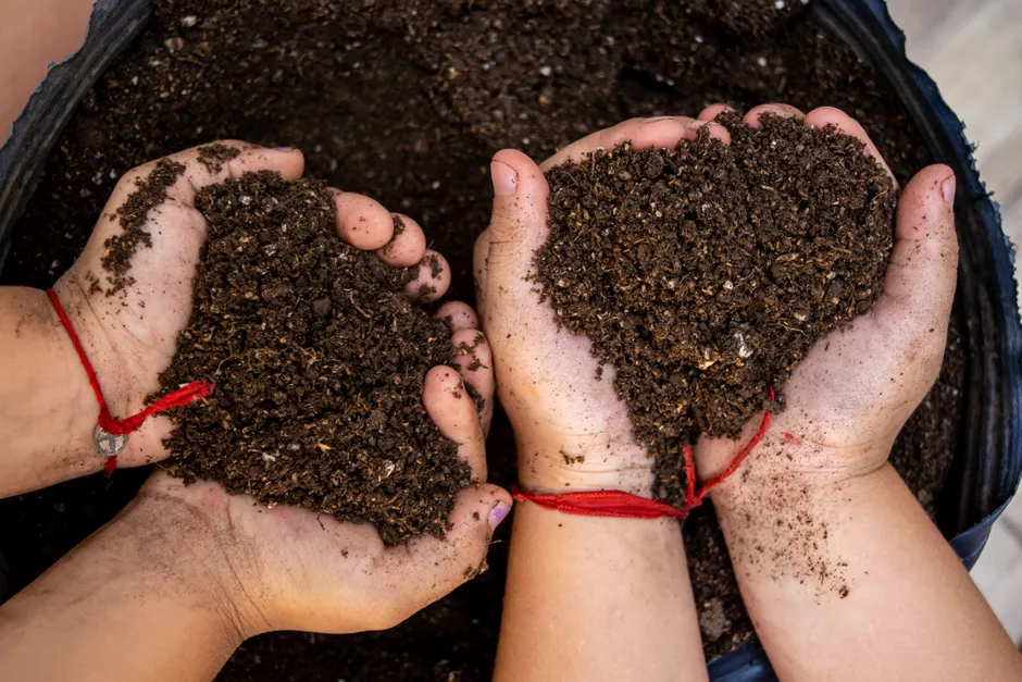 Close-up of hands holding soil shaped like a heart, symbolizing love and care for nature.