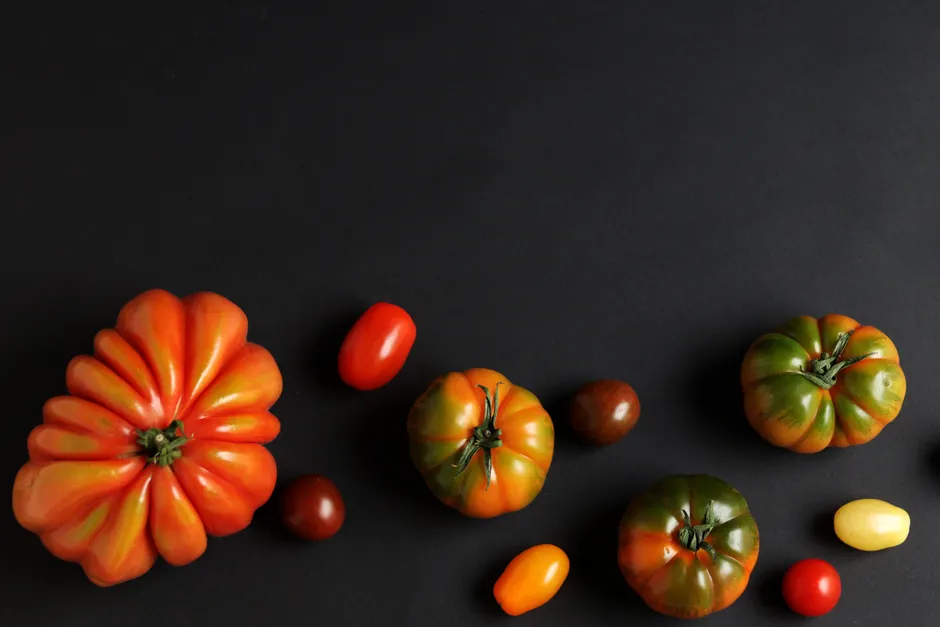 Colorful heirloom tomatoes arranged artistically on a black background, ideal for food photography.