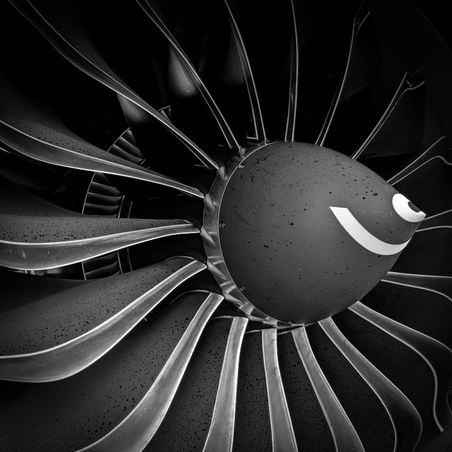 Detailed black and white image of an aircraft jet engine's fan blades capturing intricate engineering.