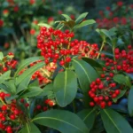 Skimmia japonica : 70 cm de haut, des baies en hiver, mais le calcaire veille Beautiful Skimmia Japonica with bright red berries in a garden setting in Bremen, Germany.