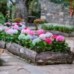 Bordure en bois tressé de 40 cm : le noisetier ne pardonne pas Colorful hydrangeas bloom in a serene garden with stone pathways and natural wood borders.