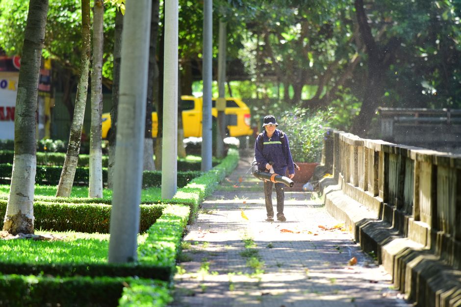 Person with leaf blower maintaining cleanliness in a sunlit park walkway.