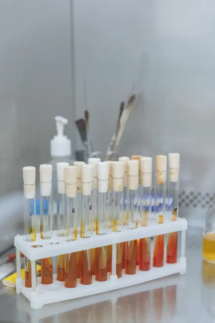 Test tubes with colored samples in a laboratory setting, ideal for research imagery.