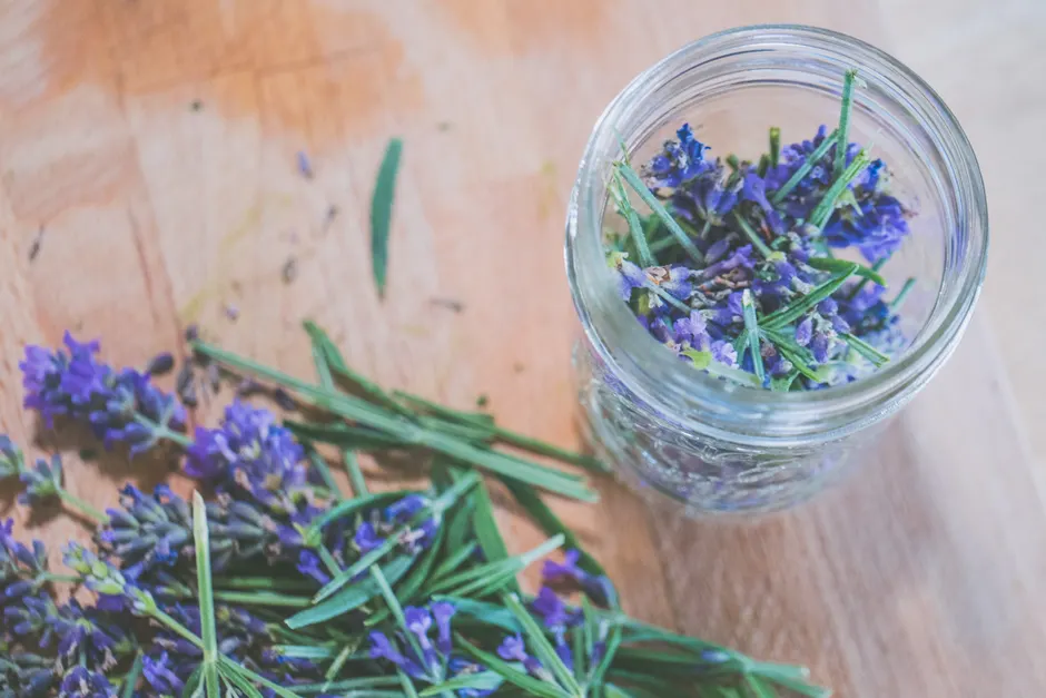 Top view of lavender and rosemary herbs in a glass jar for aromatherapy.